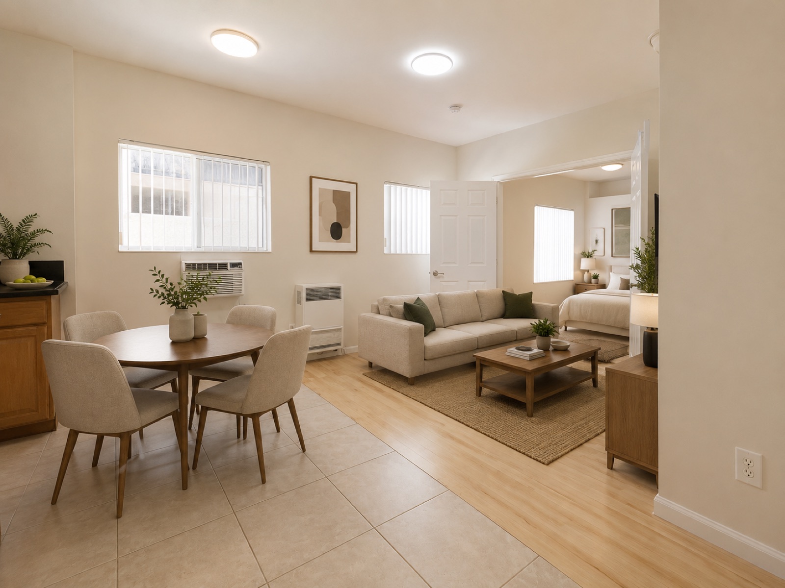 Bright living and dining room at Chelsea Corners